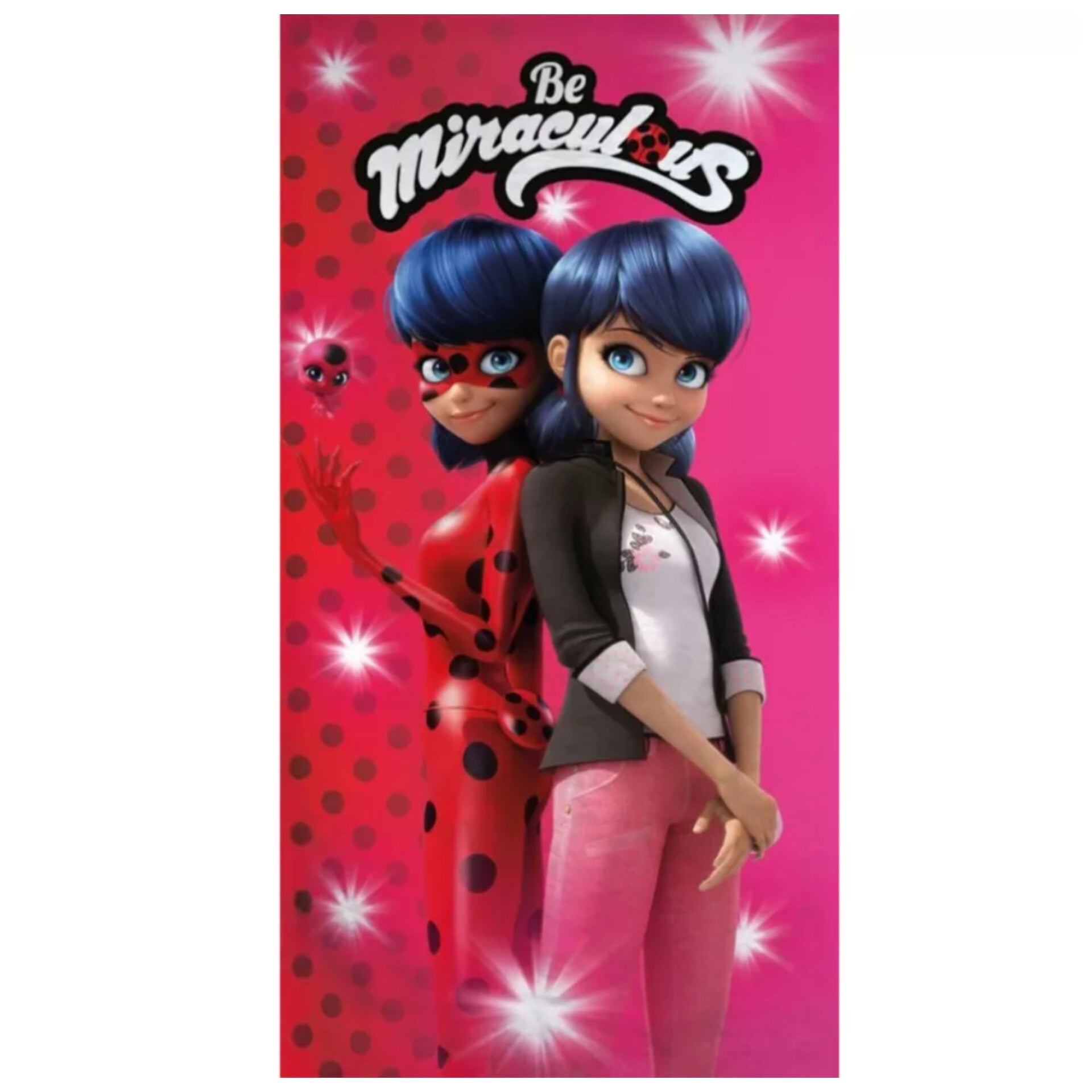 Παιδική πετσέτα θαλάσσης Quick Dry Miraculous Ladybug με την Marinette και την Ladybug σε ροζ φόντο  100% Microfiber