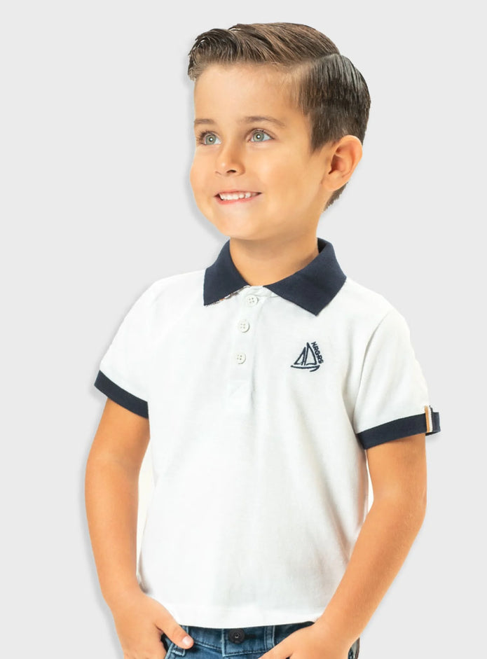 Παιδική λευκή polo μπλούζα Energiers με navy γιακά και κεντημένο ιστιοπλοϊκό σχέδιο