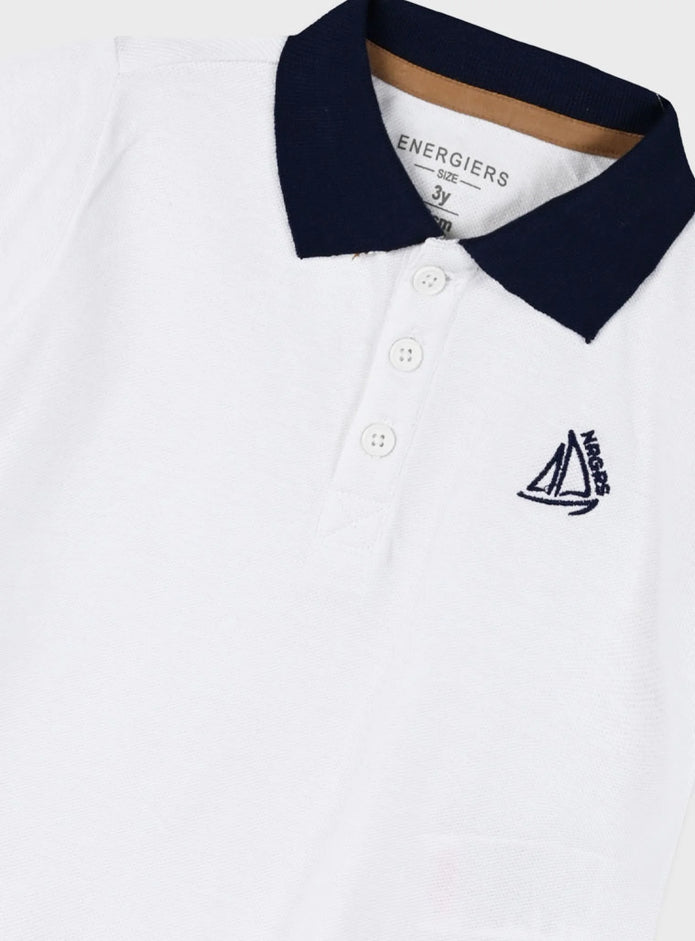 Παιδική λευκή polo μπλούζα Energiers με navy γιακά και κεντημένο ιστιοπλοϊκό σχέδιο