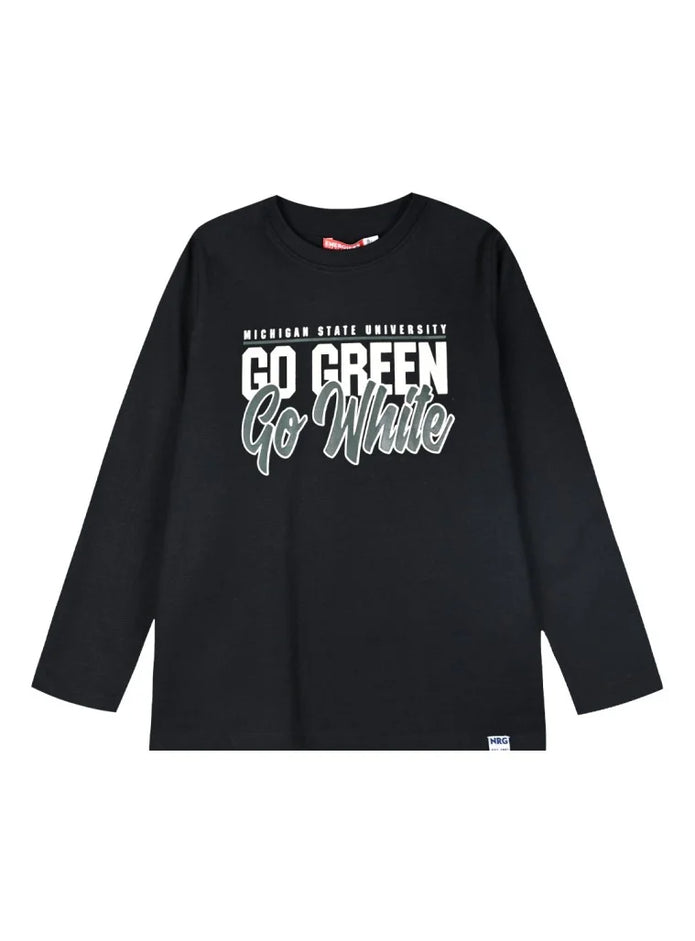 Μαύρη μακρυμάνικη μπλούζα με τύπωμα "Michigan State University: Go Green, Go White", ιδανική για casual και μοντέρνες εμφανίσεις για αγόρι