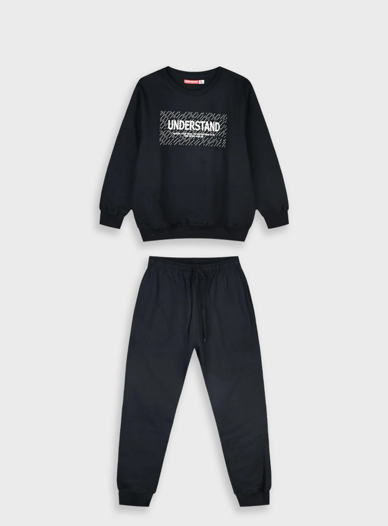 Παιδικό σετ φόρμας Energiers μαύρο με στάμπα “Understand” και παντελόνι με λάστιχο, 100% βαμβάκι.