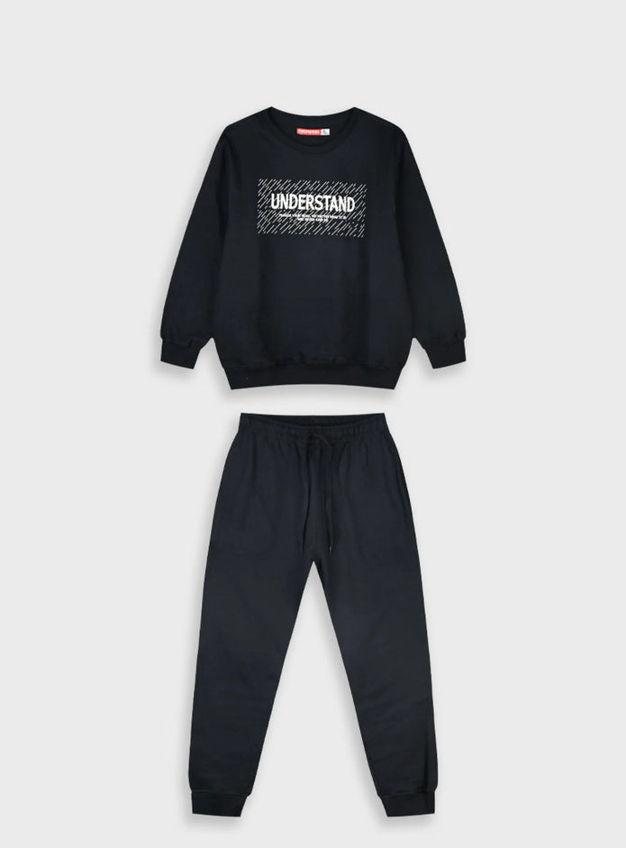 Παιδικό σετ φόρμας Energiers μαύρο με στάμπα “Understand” και παντελόνι με λάστιχο, 100% βαμβάκι.
