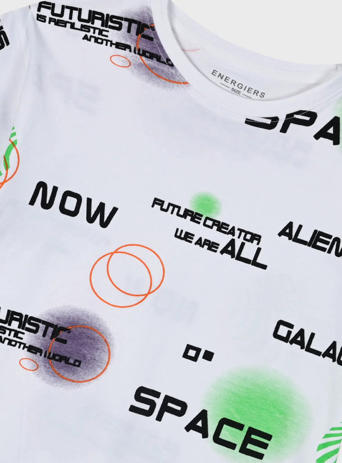 Παιδικό t-shirt Energiers σε λευκό με πολύχρωμο διαστημικό τύπωμα