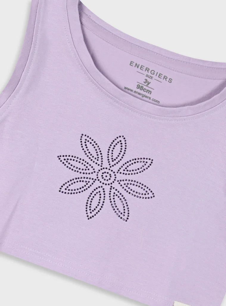 Σετ Energiers κοριτσιού με λιλά crop top και ριγέ σορτσάκι σε λευκό και λιλά