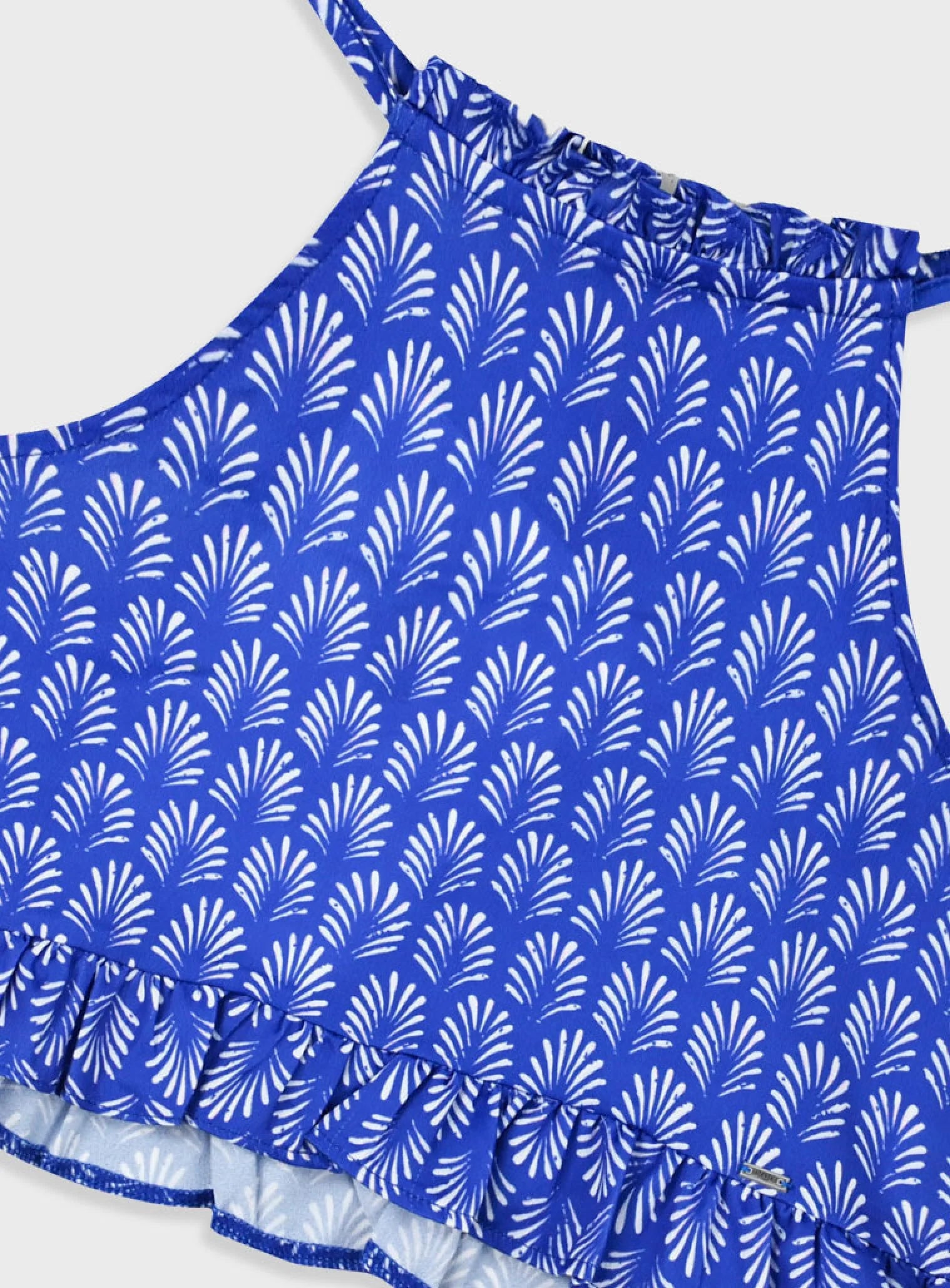 Crop top με τιράντες και βολάν σε μπλε χρώμα με λευκό μοτίβο