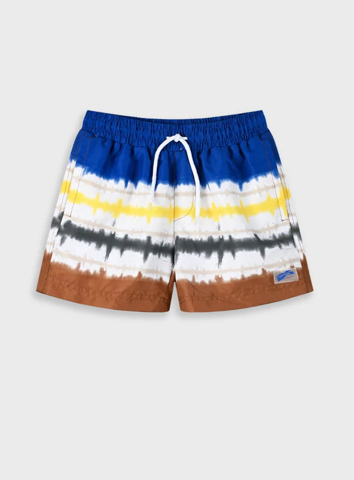 Παιδικό μαγιό σορτσάκι Swimmy με tie-dye ρίγες σε μπλε, καφέ και κίτρινο χρώμα