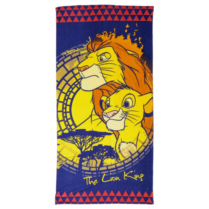 Disney Παιδική πετσέτα θαλάσσης με σχέδιο Simba και Mufasa από την ταινία The Lion King σε φόντο με ήλιο και δέντρα σαβάνας.