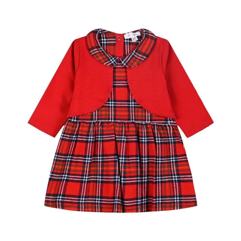 Energiers Christmas Baby Dress with Plaid Pattern & Red Cardigan