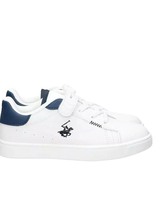 Παιδικά λευκά sneakers Beverly Hills Polo Club με μπλε λεπτομέρειες και αυτοκόλλητο κλείσιμο