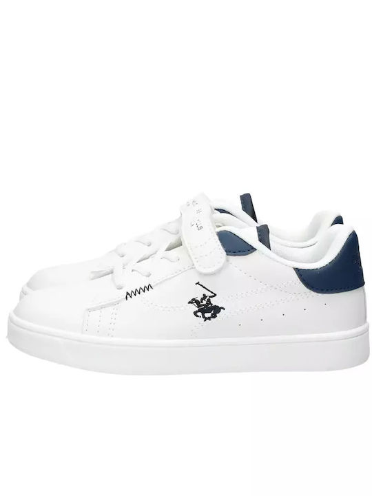 Παιδικά λευκά sneakers Beverly Hills Polo Club με μπλε λεπτομέρειες και αυτοκόλλητο κλείσιμο