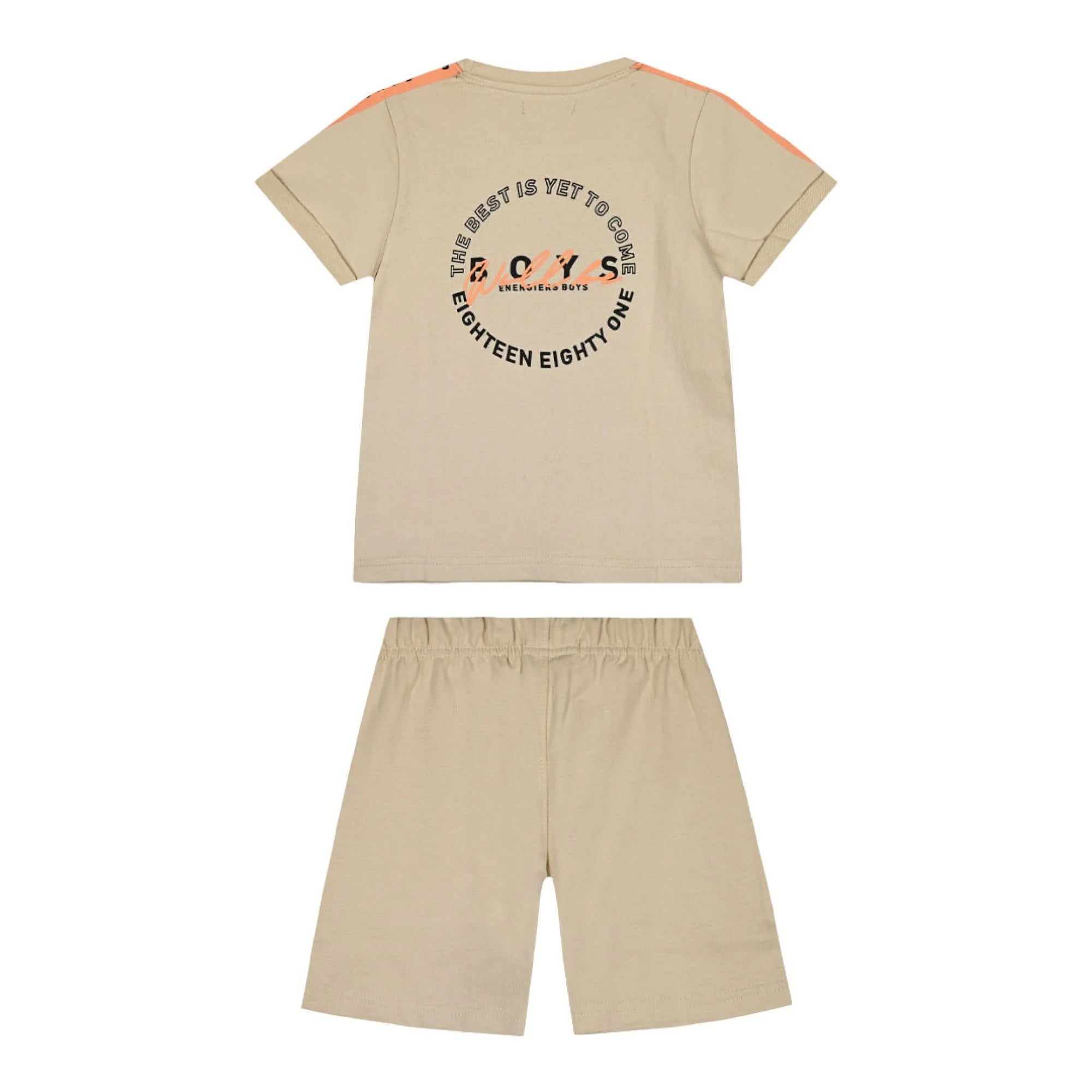 Πίσω όψη παιδικού σετ με μπεζ T-shirt και σορτσάκι σε αντίστοιχη απόχρωση