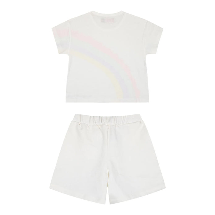 Πίσω όψη του λευκού σετ με πολύχρωμο σχέδιο ουράνιου τόξου και λευκή βάση.