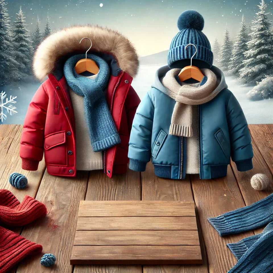 Ένα παιδικό χειμωνιάτικο μπουφάν σε έντονο χρώμα, τοποθετημένο πάνω σε ξύλινη επιφάνεια, με φόντο ένα διακριτικό χειμωνιάτικο τοπίο με χιόνι. Η εικόνα αποπνέει ζεστασιά και άνεση, ιδανική για το περιεχόμενο ενός blog για παιδικά ρούχα.