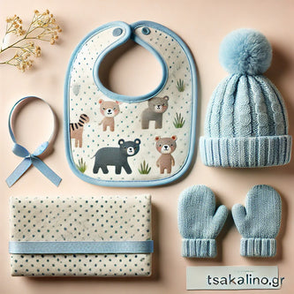 Σετ βρεφικών αξεσουάρ σε παστέλ φόντο. Περιλαμβάνει βαμβακερή σαλιάρα με σχέδια ζωάκια, πλεκτό σκουφάκι σε ανοιχτό μπλε χρώμα και ζεστά γαντάκια για μωρά. Ιδανικά για νεογέννητα, με απαλή υφή και μοντέρνο σχεδιασμό.