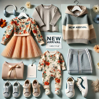 Νέες αφίξεις παιδικών ρούχων: floral φόρεμα για κορίτσια, σετ φόρμας για αγόρια, βρεφικό φορμάκι και παιδικά sneakers. Μοντέρνα σχέδια για άνεση και στυλ. Φόντο σε παστέλ χρώματα με ετικέτες 'New Arrival' και branding του Tsakalino.gr.