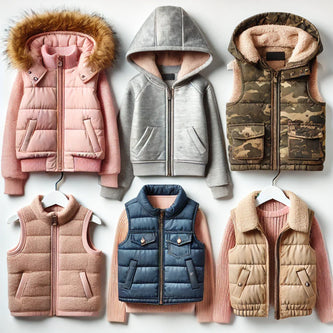 Συλλογή από μπουφάν και αμάνικα για κορίτσια: ροζ μπουφάν με κουκούλα και γούνινη επένδυση, ασημί αμάνικο με φερμουάρ, μπλε χειμερινό μπουφάν με fleece και μπεζ casual αμάνικο. Άνετα, ζεστά και μοντέρνα σχέδια από τη συλλογή του Tsakalino.gr.