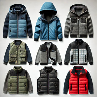 Συλλογή από μπουφάν και αμάνικα για αγόρια: μπλε αδιάβροχο μπουφάν με κουκούλα, μαύρο casual αμάνικο γιλέκο, γκρι-πράσινο χειμερινό μπουφάν με fleece επένδυση, και κόκκινο καπιτονέ αμάνικο με τσέπες. Άνετα και ζεστά σχέδια από τη συλλογή του Tsakalino.gr.