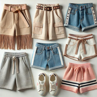 Συλλογή σορτς και βερμούδων για κορίτσια: μπεζ casual βερμούδα, μπλε τζιν σορτς με φινιρίσματα, γκρι αθλητικό σορτς με λευκές ρίγες, και ροζ πλεκτό σορτς. Ιδανικά για καθημερινές καλοκαιρινές εμφανίσεις. Από τη συλλογή του Tsakalino.gr.