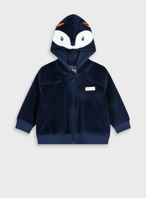 Βρεφική ζακέτα Energiers μπλε με κουκούλα αλεπουδάκι και φερμουάρ – μπροστινή όψη.