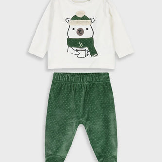 Πλήρες σετ Energiers με μπλούζα εκρού με σχέδιο αρκουδάκι και πράσινο βελουτέ παντελόνι.