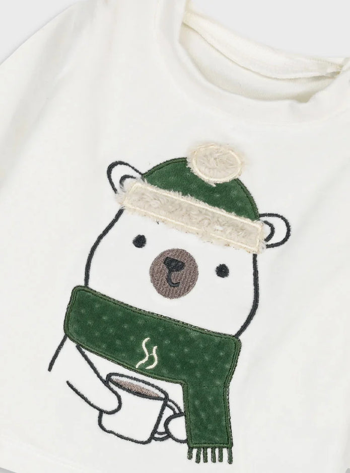Βρεφικό σετ Energiers με εκρού μπλούζα με αρκουδάκι και πράσινο βελουτέ παντελόνι.
