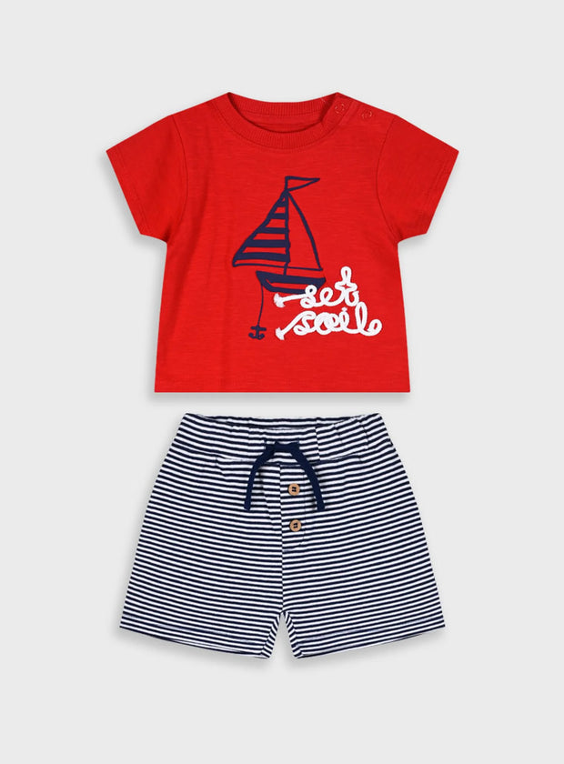 Βρεφικό σετ Energiers με κόκκινη μπλούζα με ιστιοφόρο και ριγέ μπλε σορτσάκι