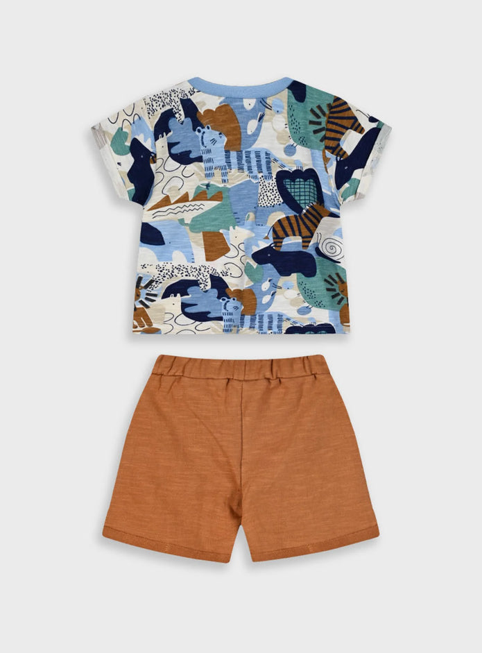 Βρεφικό σετ αγοριού Energiers με πολύχρωμο μπλουζάκι με σχέδιο ζώα ζούγκλας και καφέ σορτσάκι