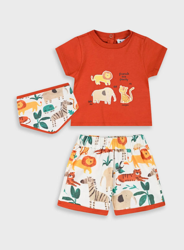 Παιδικό σετ Energiers με πορτοκαλί μπλούζα και εμπριμέ σορτσάκι με σχέδια ζώων σαφάρι