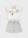 Βρεφικό σετ Energiers για αγόρι με εκρού μπλούζα, τύπωμα λαγουδάκι και παπιγιόν, και γκρι σορτσάκι