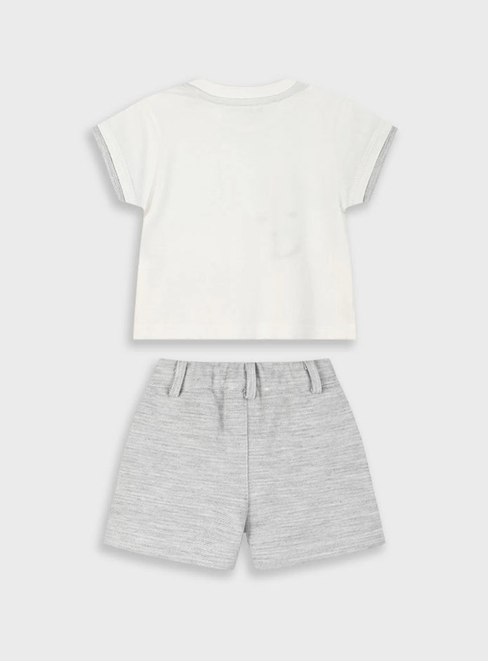 Βρεφικό σετ Energiers για αγόρι με εκρού μπλούζα, τύπωμα λαγουδάκι και παπιγιόν, και γκρι σορτσάκι