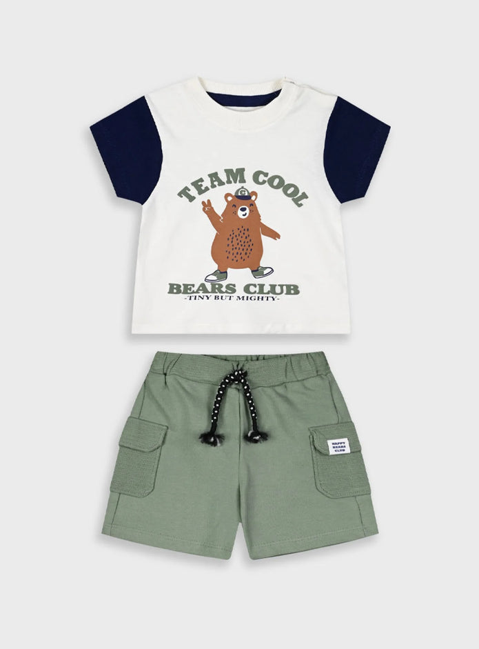 Βρεφικό σετ Energiers με μπλούζα "Team Cool Bears Club" και λαδί σορτσάκι με cargo τσέπες