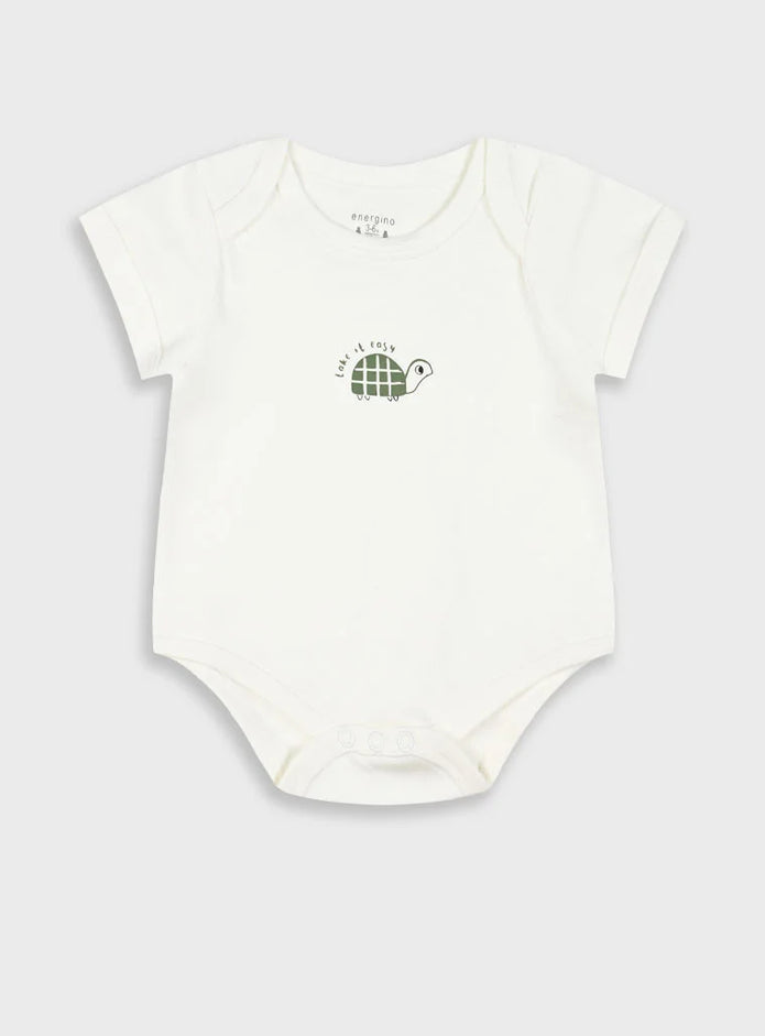 Σετ 5 βρεφικά φορμάκια Energiers με σχέδια κροκόδειλο, χελώνα, σαλιγκάρι και καρό μοτίβο σε αποχρώσεις πράσινου, εκρού και μπλε.