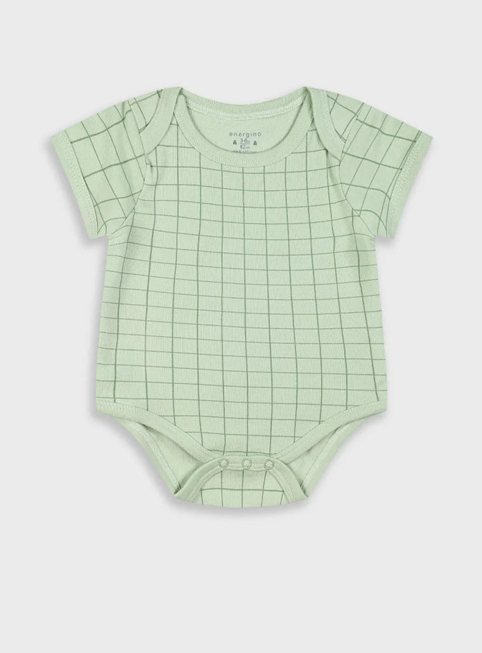 Σετ 5 βρεφικά φορμάκια Energiers με σχέδια κροκόδειλο, χελώνα, σαλιγκάρι και καρό μοτίβο σε αποχρώσεις πράσινου, εκρού και μπλε.