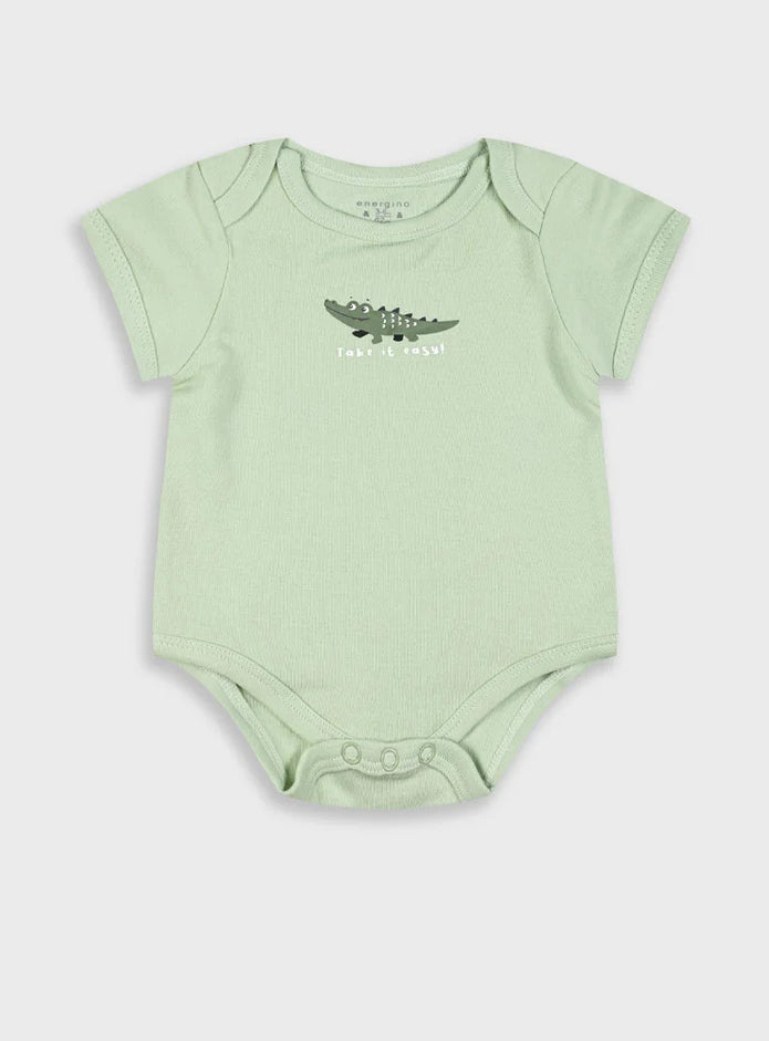 Σετ 5 βρεφικά φορμάκια Energiers με σχέδια κροκόδειλο, χελώνα, σαλιγκάρι και καρό μοτίβο σε αποχρώσεις πράσινου, εκρού και μπλε.