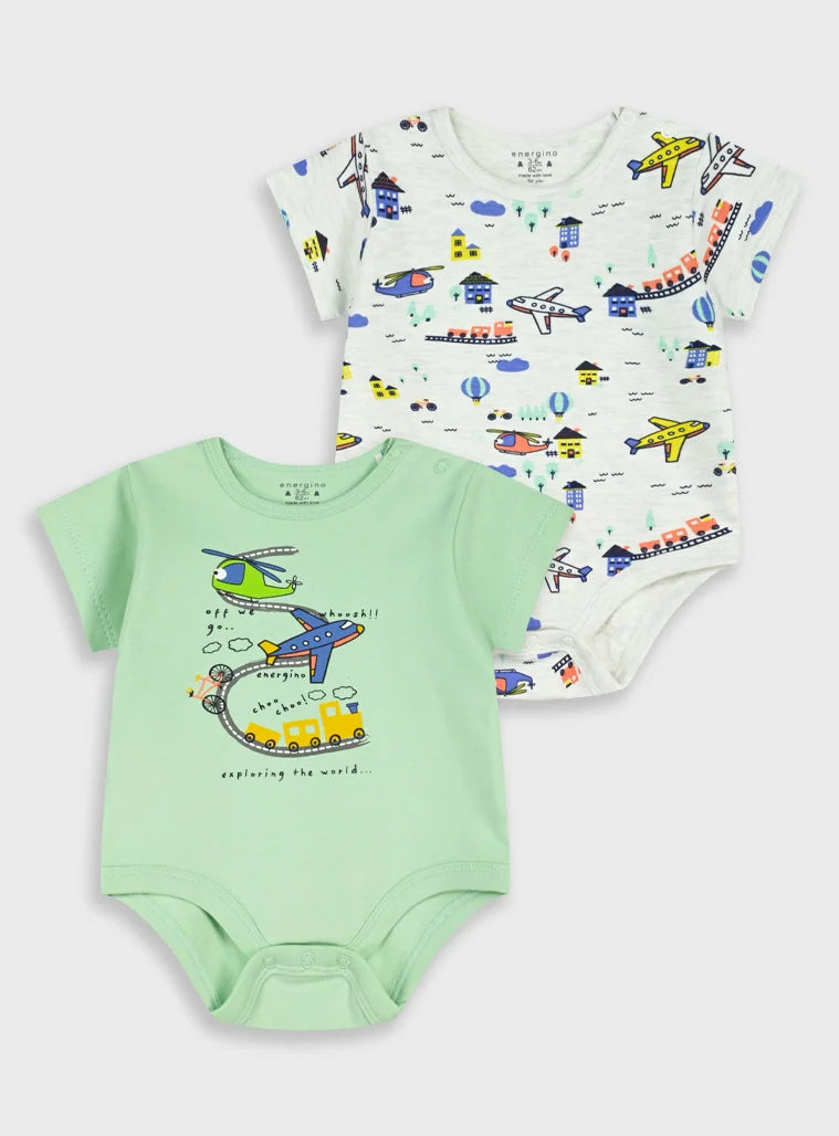 Energiers βρεφικό σετ 2 κορμάκια με σχέδια αεροπλάνα ελικόπτερα και τρενάκι