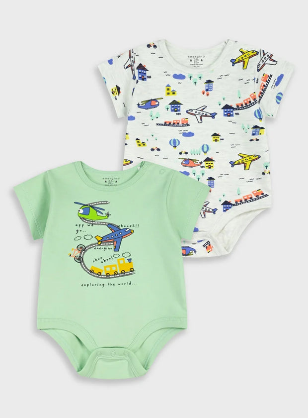 Energiers βρεφικό σετ 2 κορμάκια με σχέδια αεροπλάνα ελικόπτερα και τρενάκι