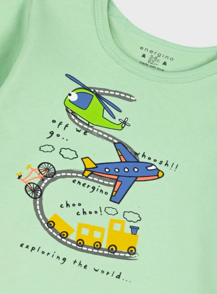 Energiers βρεφικό σετ 2 κορμάκια με σχέδια αεροπλάνα ελικόπτερα και τρενάκι