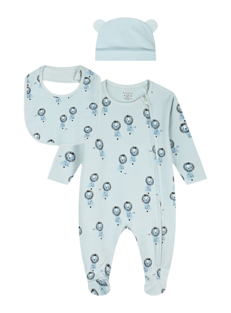 Energiers βρεφικό σετ 3 τεμαχίων γαλάζιο με φορμάκι σαλιάρα και σκουφάκι με λιονταράκια