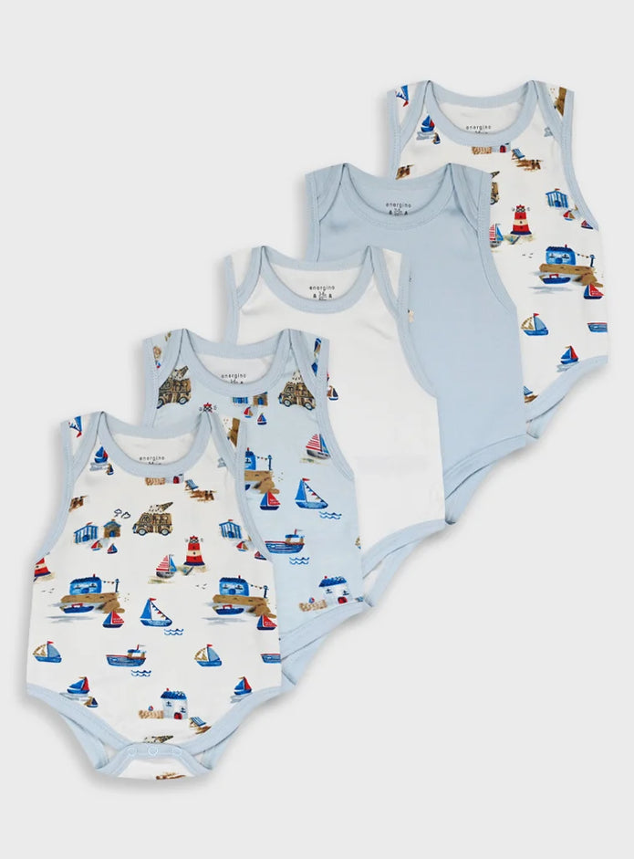 Energiers σετ 5 βρεφικά αμάνικα κορμάκια αγόρι με καραβάκια φάρους και θαλασσινά σχέδια