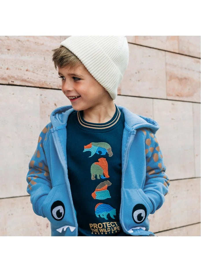 Παιδικό φούτερ με κουκούλα σε γαλάζιο χρώμα, διακοσμημένο με σχέδιο δεινοσαύρου, μάτια και δόντια στις τσέπες, ιδανικό για παιχνιδιάρικες και ζεστές εμφανίσεις για αγόρι 