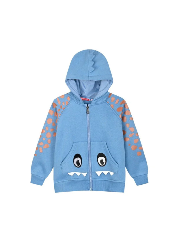 Παιδικό φούτερ με κουκούλα σε γαλάζιο χρώμα, διακοσμημένο με σχέδιο δεινοσαύρου, μάτια και δόντια στις τσέπες, ιδανικό για παιχνιδιάρικες και ζεστές εμφανίσεις για αγόρι 