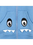 Παιδικό φούτερ με κουκούλα σε γαλάζιο χρώμα, διακοσμημένο με σχέδιο δεινοσαύρου, μάτια και δόντια στις τσέπες, ιδανικό για παιχνιδιάρικες και ζεστές εμφανίσεις για αγόρι 
