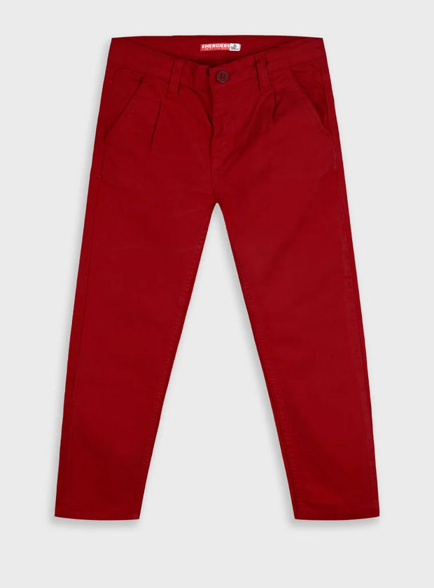 Μπροστινή όψη παιδικού παντελονιού chinos Energiers μπορντό με κουμπί και φερμουάρ.
