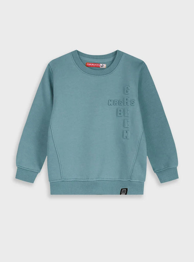 Μπροστινή όψη παιδικού φούτερ Energiers φυστικί με στρογγυλή λαιμόκοψη και στάμπα.