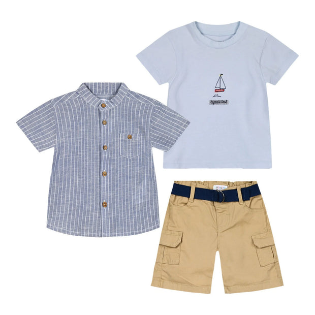 Energiers 3-Piece Children's Clothing Set - Blue Striped Shirt, T-Shirt and Beige Bermuda Shorts