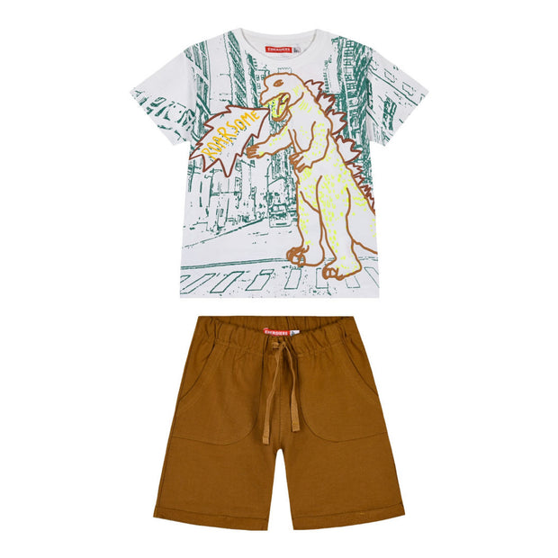 Παιδικό σετ για αγόρι με λευκό μπλουζάκι και σχέδιο δεινόσαυρου "Roarsome", συνδυασμένο με καφέ σορτς με λάστιχο στη μέση. Ιδανικό για άνετες και διασκεδαστικές καλοκαιρινές εμφανίσεις.