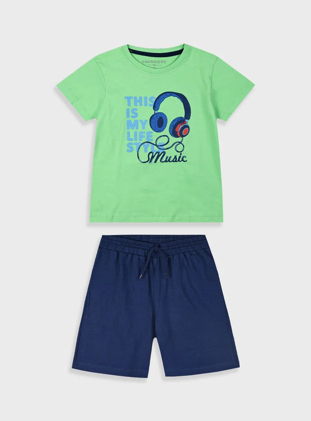 Παιδικό σετ Energiers για αγόρι με πράσινη μπλούζα “Music” και μπλε σορτς

