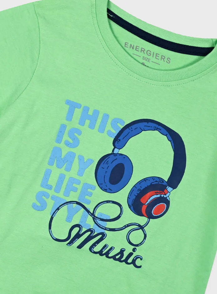 Παιδικό σετ Energiers για αγόρι με πράσινη μπλούζα “Music” και μπλε σορτς

