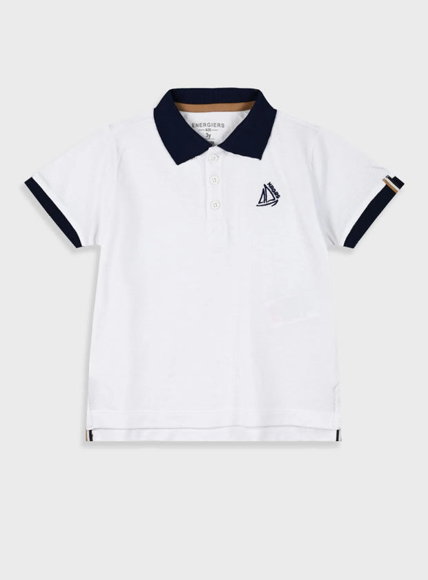 Παιδική λευκή polo μπλούζα Energiers με navy γιακά και κεντημένο ιστιοπλοϊκό σχέδιο