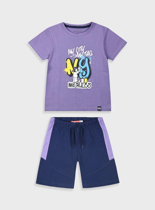 Παιδικό σετ Energiers με μωβ μπλούζα graffiti και μπλε σορτσάκι για αγόρια